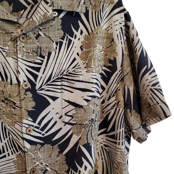 Caribbean Pure Silk Hawaiian Coastal Navy and Tan Wood Button Up Shirt XL - Picture 4 of 15